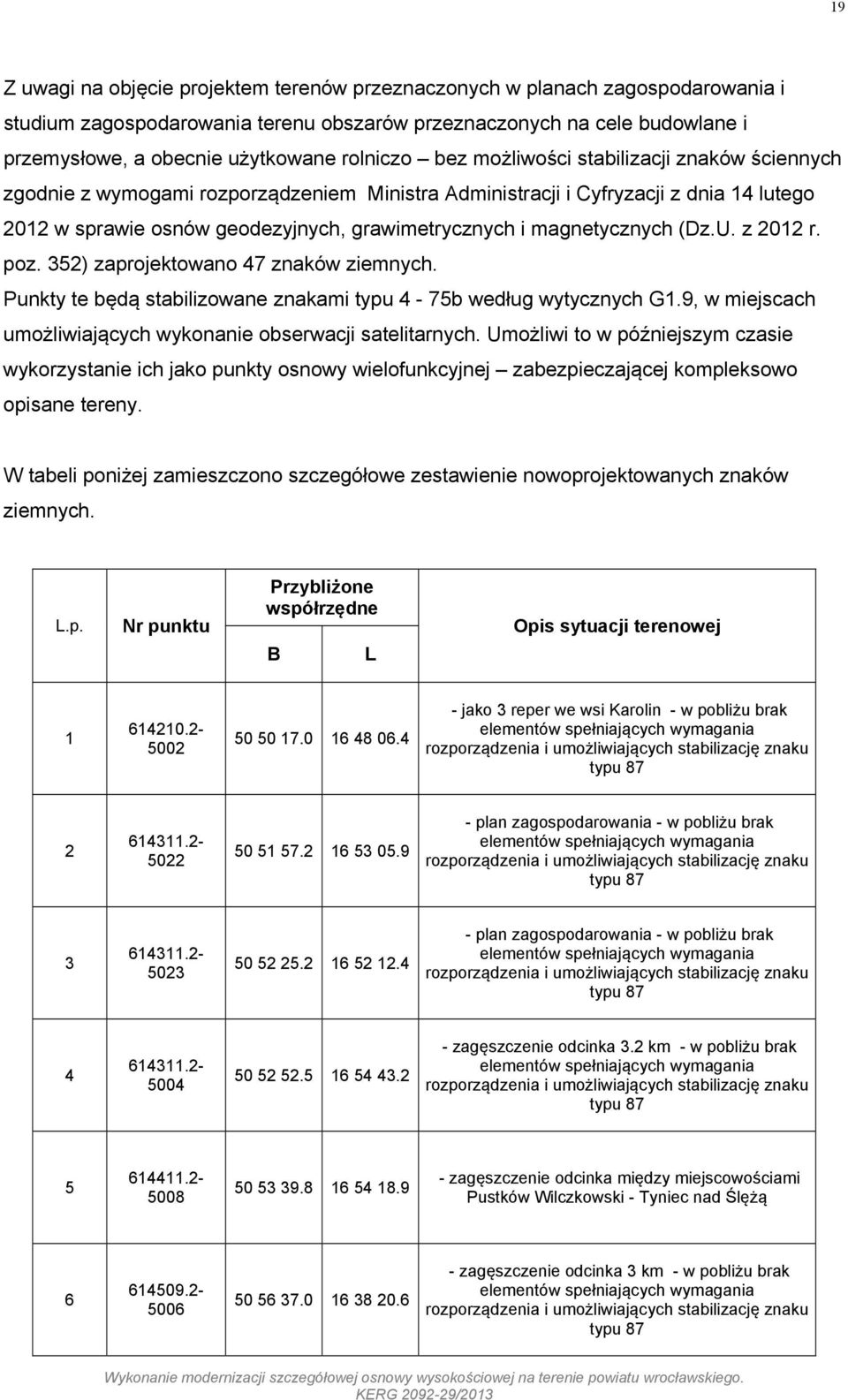 magnetycznych (Dz.U. z 2012 r. poz. 352) zaprojektowano 47 znaków ziemnych. Punkty te będą stabilizowane znakami typu 4-75b według wytycznych G1.