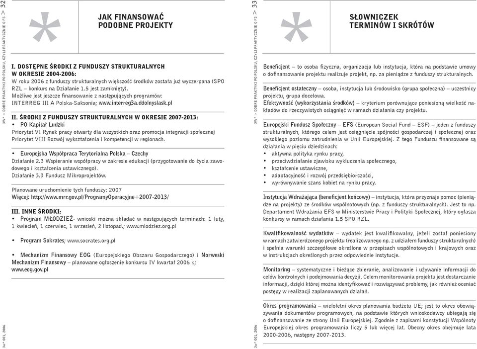 Możliwe jest jeszcze finansowanie z następujących programów: INTERREG III A Polska-Saksonia; www.interreg3a.ddolnyslask.pl II.