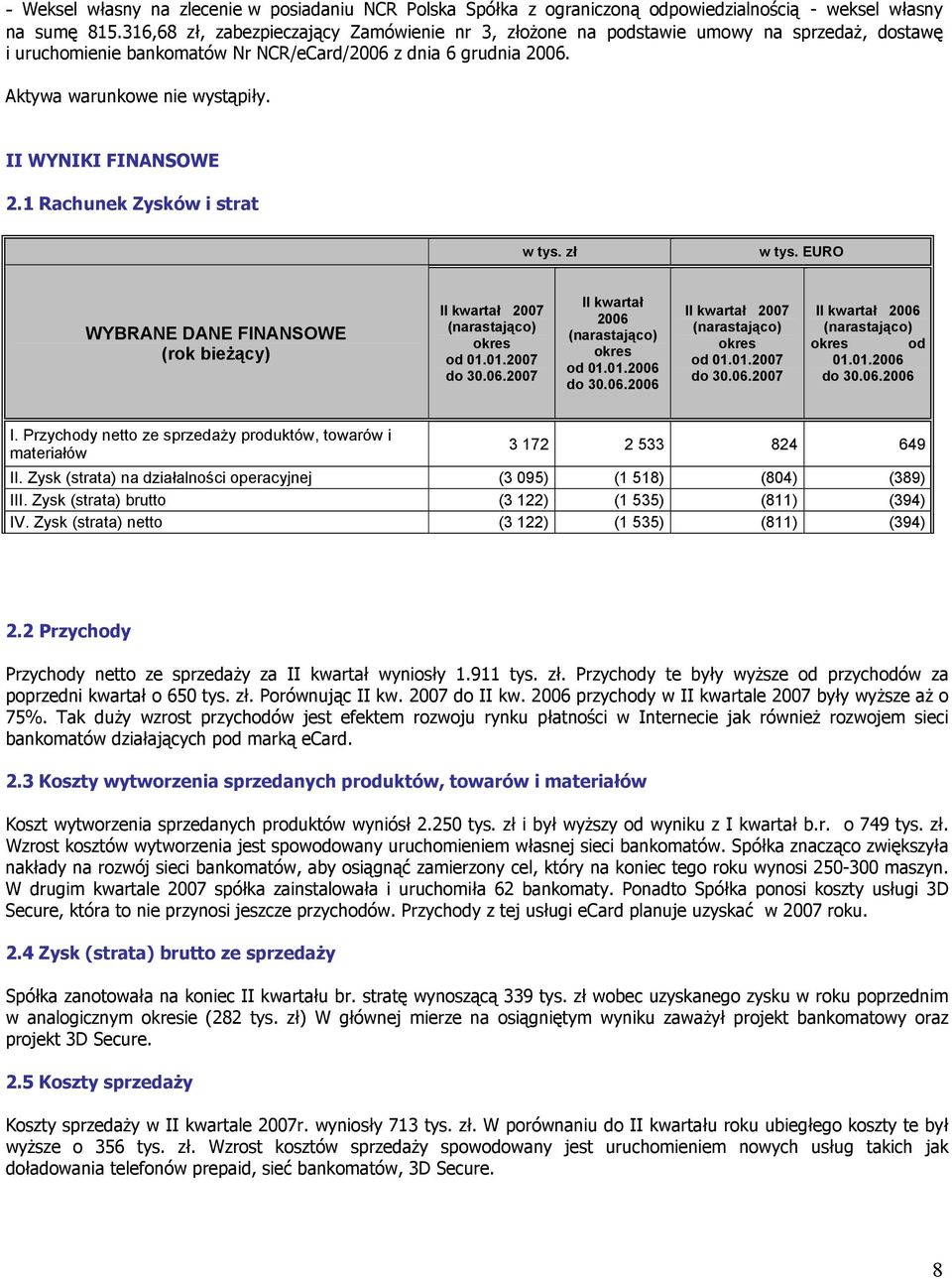 II WYNIKI FINANSOWE 2.1 Rachunek Zysków i strat w tys. zł w tys. EURO WYBRANE DANE FINANSOWE (rok bieżący) II kwartał 2007 (narastająco) okres od 01.01.2007 do 30.06.