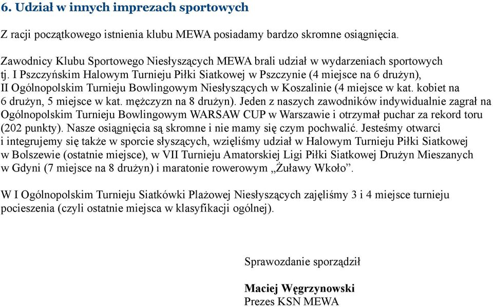 I Pszczyńskim Halowym Turnieju Piłki Siatkowej w Pszczynie (4 miejsce na 6 drużyn), II Ogólnopolskim Turnieju Bowlingowym Niesłyszących w Koszalinie (4 miejsce w kat.