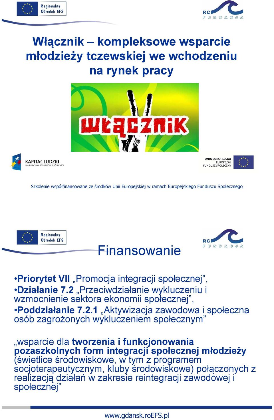 2 Przeciwdziałanie wykluczeniu i wzmocnienie sektora ekonomii społecznej, Poddziałanie 7.2.1 Aktywizacja zawodowa i społeczna osób zagrożonych wykluczeniem społecznym