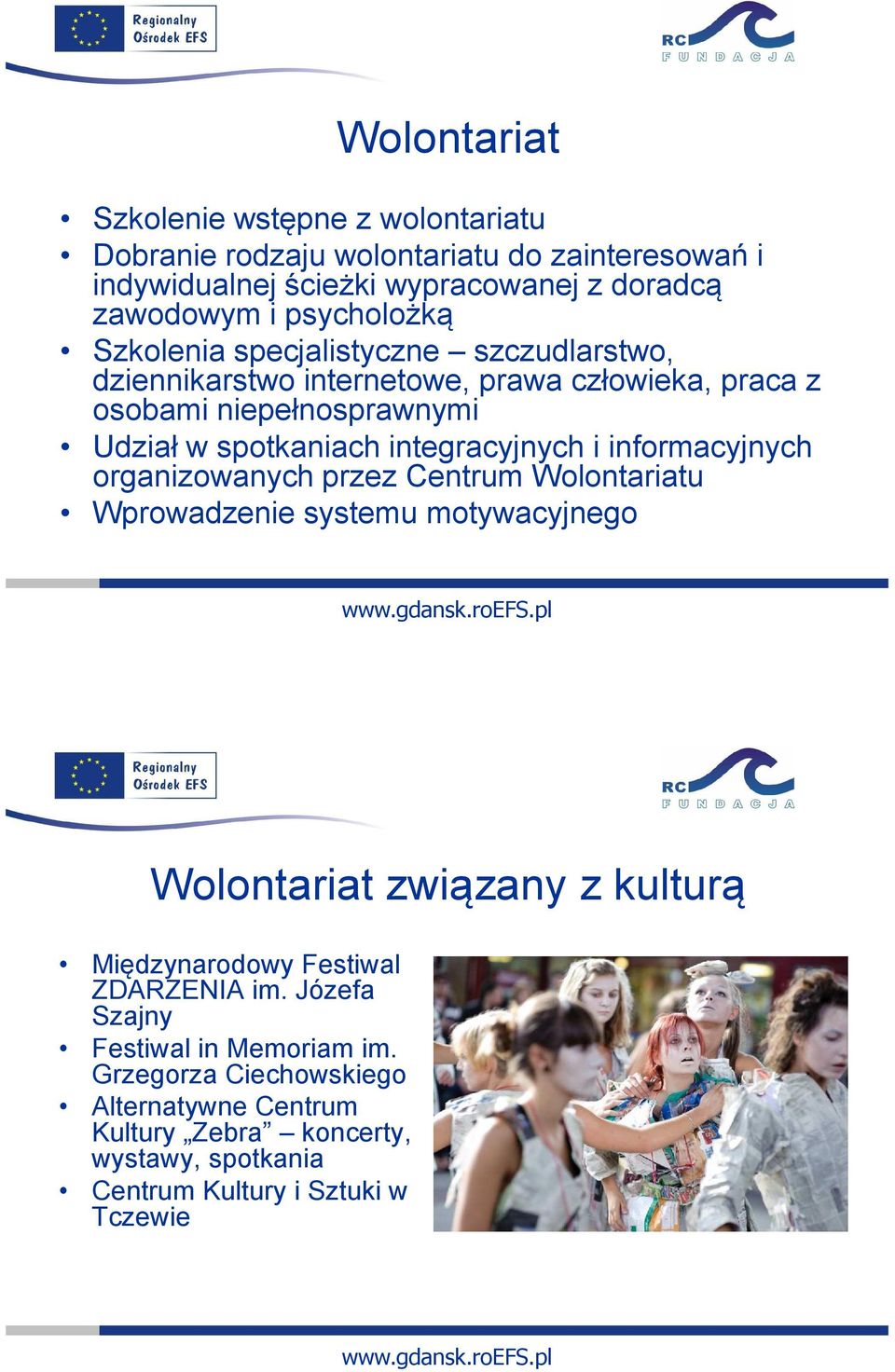 integracyjnych i informacyjnych organizowanych przez Centrum Wolontariatu Wprowadzenie systemu motywacyjnego Wolontariat związany z kulturą Międzynarodowy