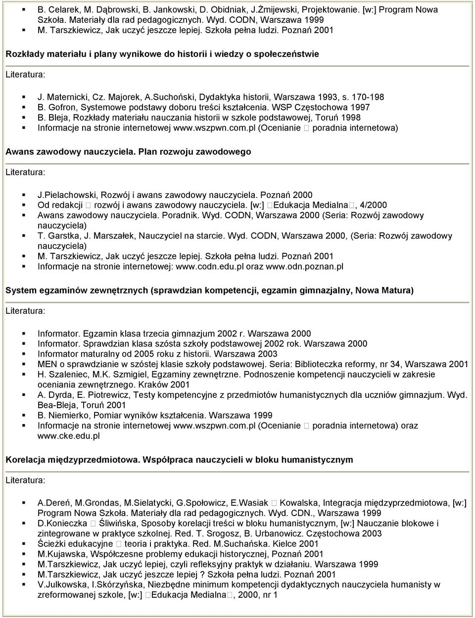 Gofron, Systemowe podstawy doboru treści kształcenia. WSP Częstochowa 1997 B. Bleja, Rozkłady materiału nauczania historii w szkole podstawowej, Toruń 1998 Informacje na stronie internetowej www.