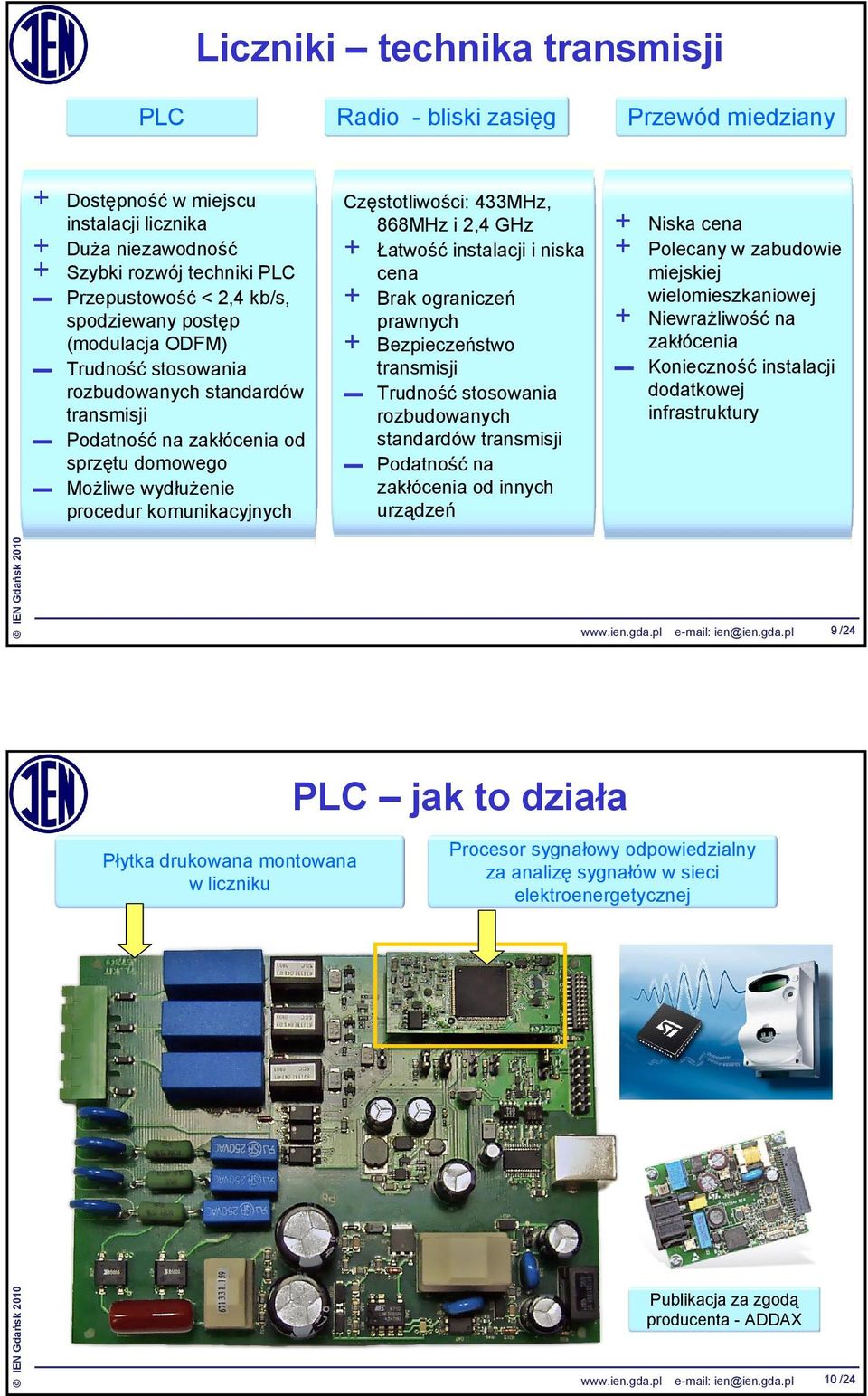 433MHz, 868MHz i 2,4 GHz + Łatwość instalacji i niska cena + Brak ograniczeń prawnych + Bezpieczeństwo transmisji Trudność stosowania rozbudowanych standardów transmisji Podatność na zakłócenia od