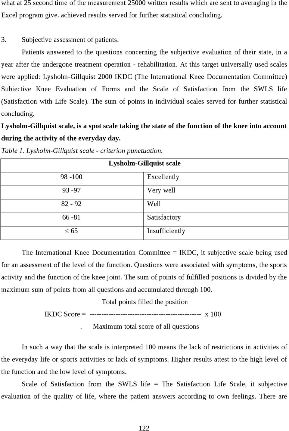 At this target universally used scales were applied: Lysholm-Gillquist 2000 IKDC (The International Knee Documentation Committee) Subiective Knee Evaluation of Forms and the Scale of Satisfaction