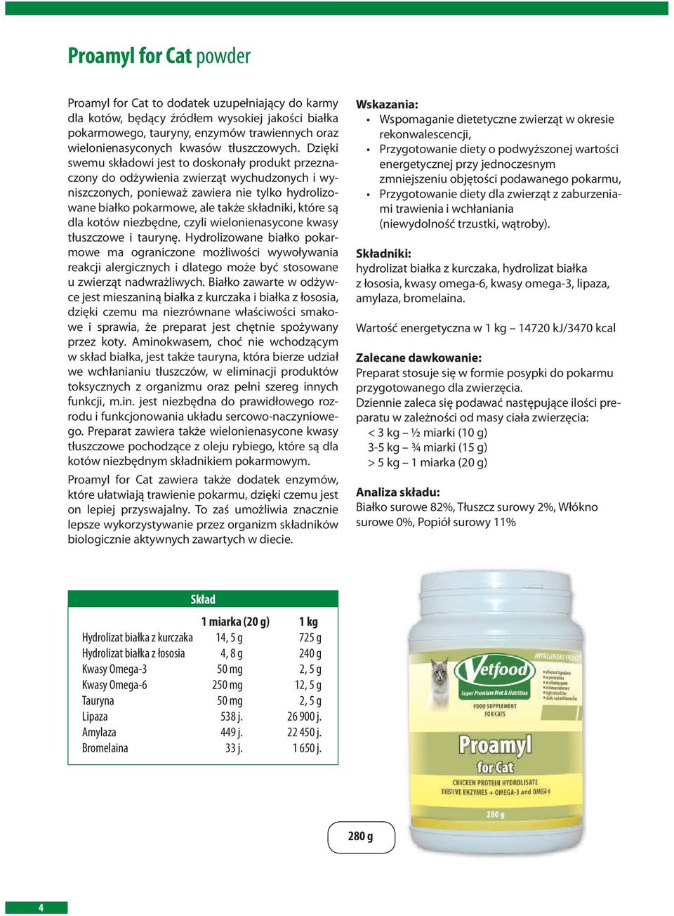 Dzięki swemu składowi jest to doskonały produkt przeznaczony do odżywienia zwierząt wychudzonych i wyniszczonych, ponieważ zawiera nie tylko hydrolizowane białko pokarmowe, ale także składniki, które