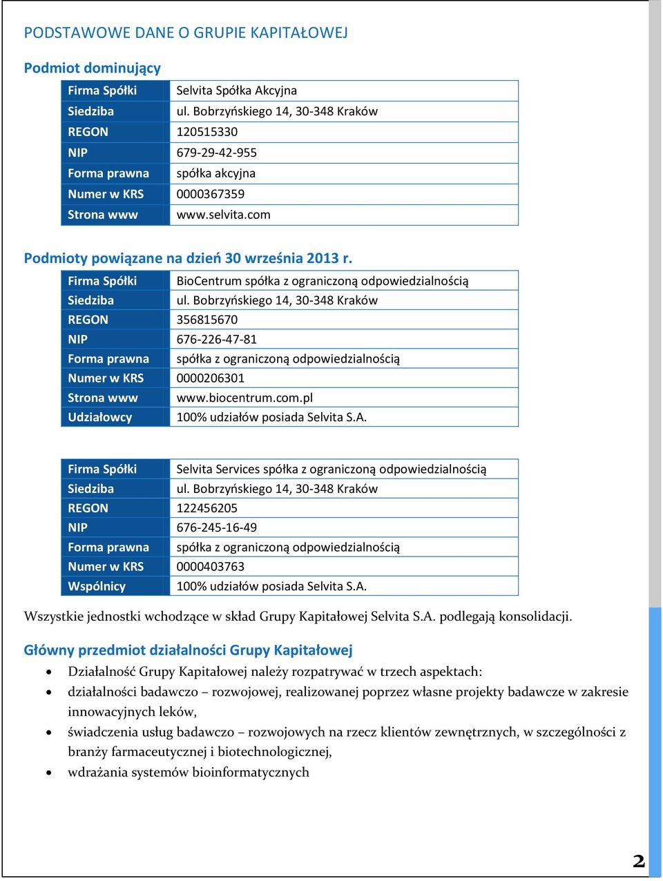 Firma Spółki Siedziba REGON 356815670 BioCentrum spółka z ograniczoną odpowiedzialnością ul.