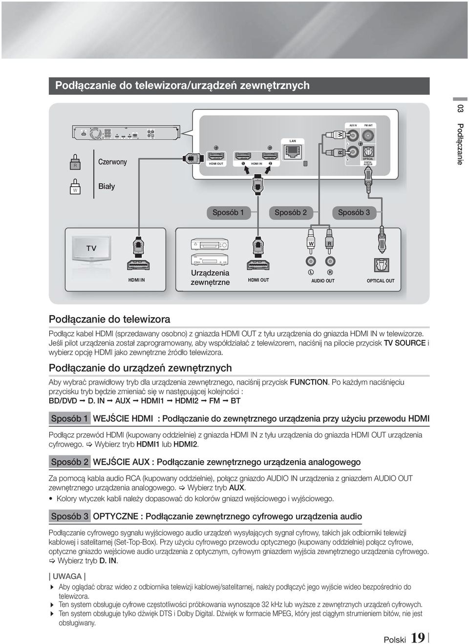 OUT Podłączanie do telewizora Podłącz kabel HDMI (sprzedawany osobno) z gniazda HDMI OUT z tyłu urządzenia do gniazda HDMI IN w telewizorze.