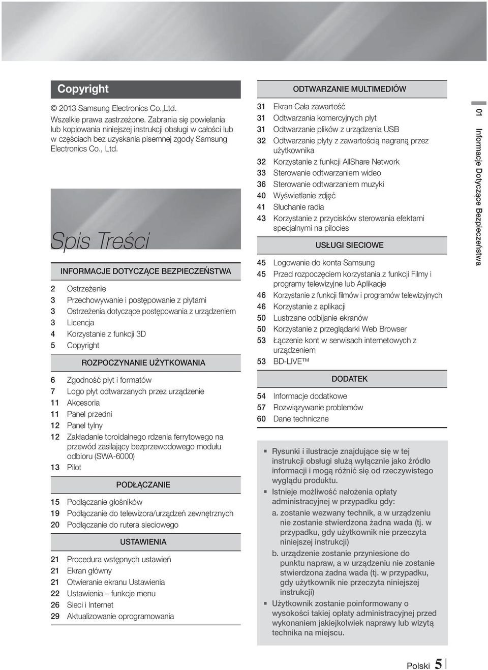 Spis Treści INFORMACJE DOTYCZĄCE BEZPIECZEŃSTWA 2 Ostrzeżenie 3 Przechowywanie i postępowanie z płytami 3 Ostrzeżenia dotyczące postępowania z urządzeniem 3 Licencja 4 Korzystanie z funkcji 3D 5