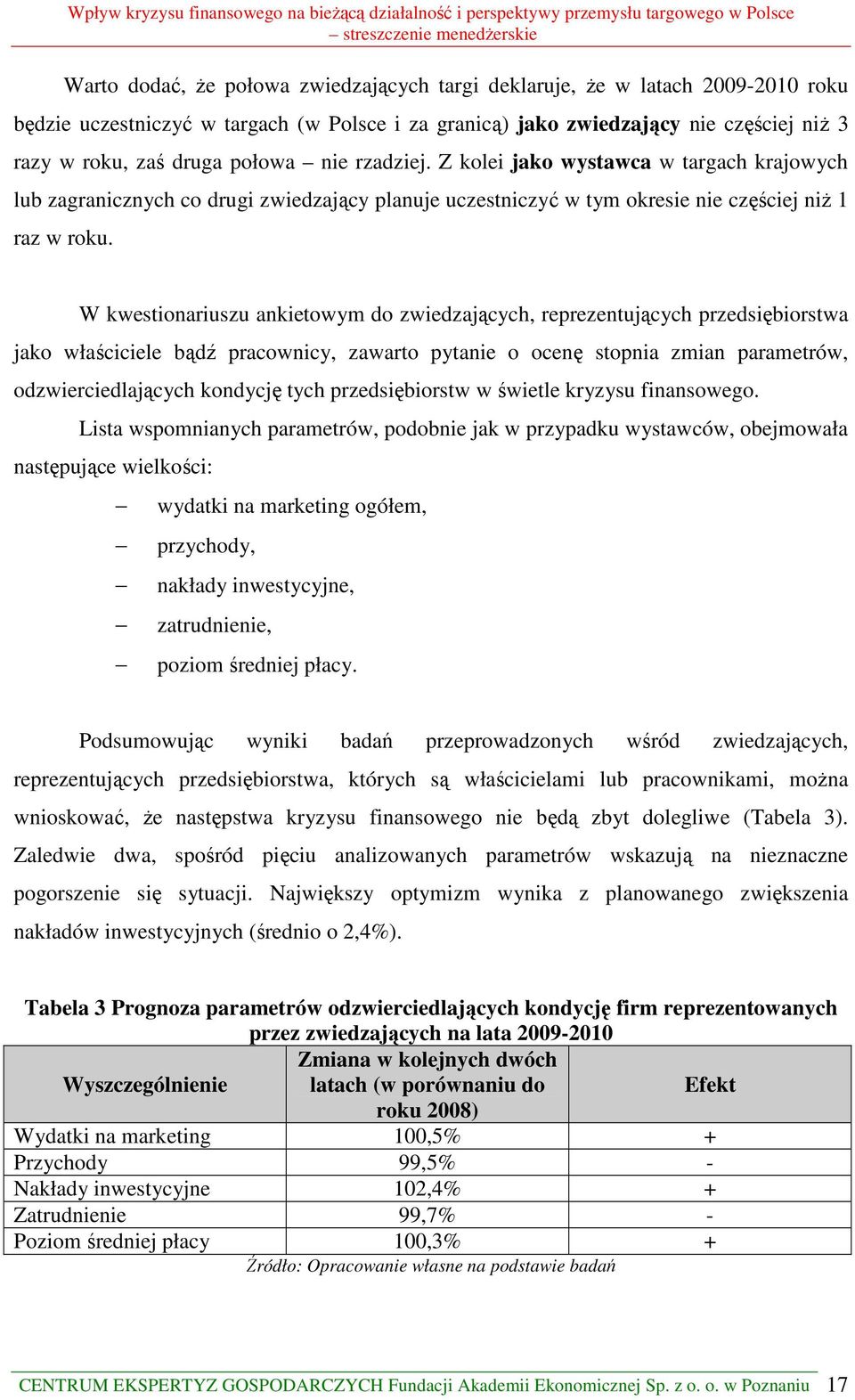 W kwestionariuszu ankietowym do zwiedzających, reprezentujących przedsiębiorstwa jako właściciele bądź pracownicy, zawarto pytanie o ocenę stopnia zmian parametrów, odzwierciedlających kondycję tych