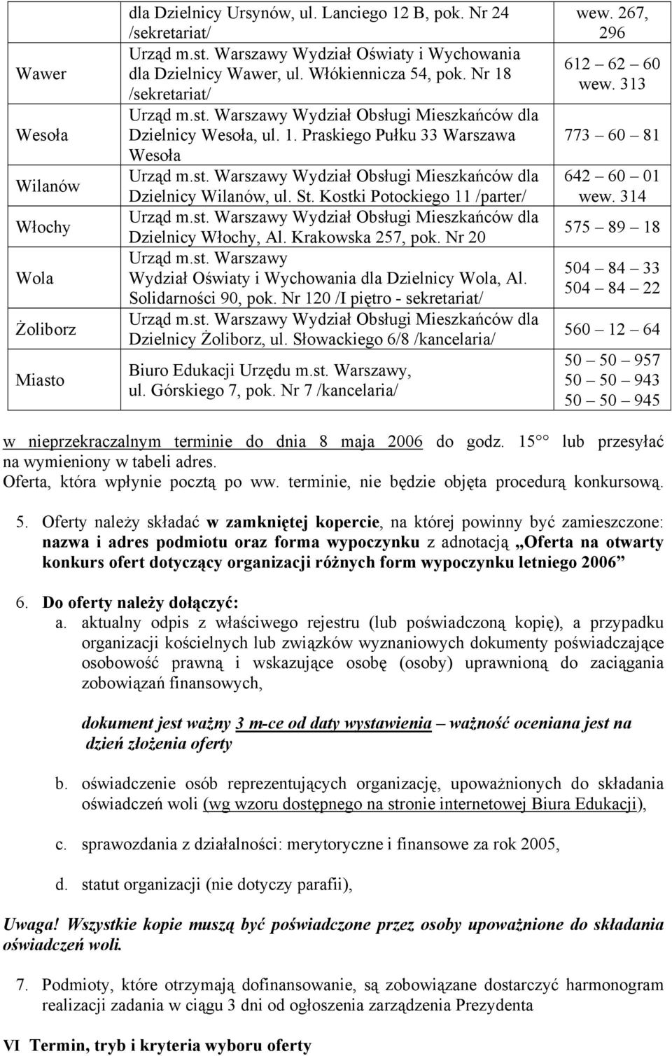 Nr 120 /I piętro - sekretariat/ Dzielnicy Żoliborz, ul. Słowackiego 6/8 /kancelaria/ Biuro Edukacji Urzędu m.st. Warszawy, ul. Górskiego 7, pok. Nr 7 /kancelaria/ wew. 267, 296 612 62 60 wew.