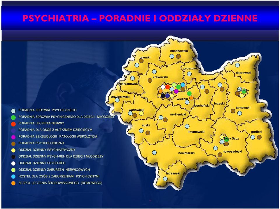 SEKSUOLOGII I PATOLOGII WSPÓŁŻYCIA PORADNIA PSYCHOLOGICZNA suski limanowski Nowy Sącz gorlicki ODDZIAŁ DZIENNY PSYCHIATRYCZNY ODDZIAŁ DZIENNY PSYCH-REH DLA DZIECI I MŁODZIEŻY