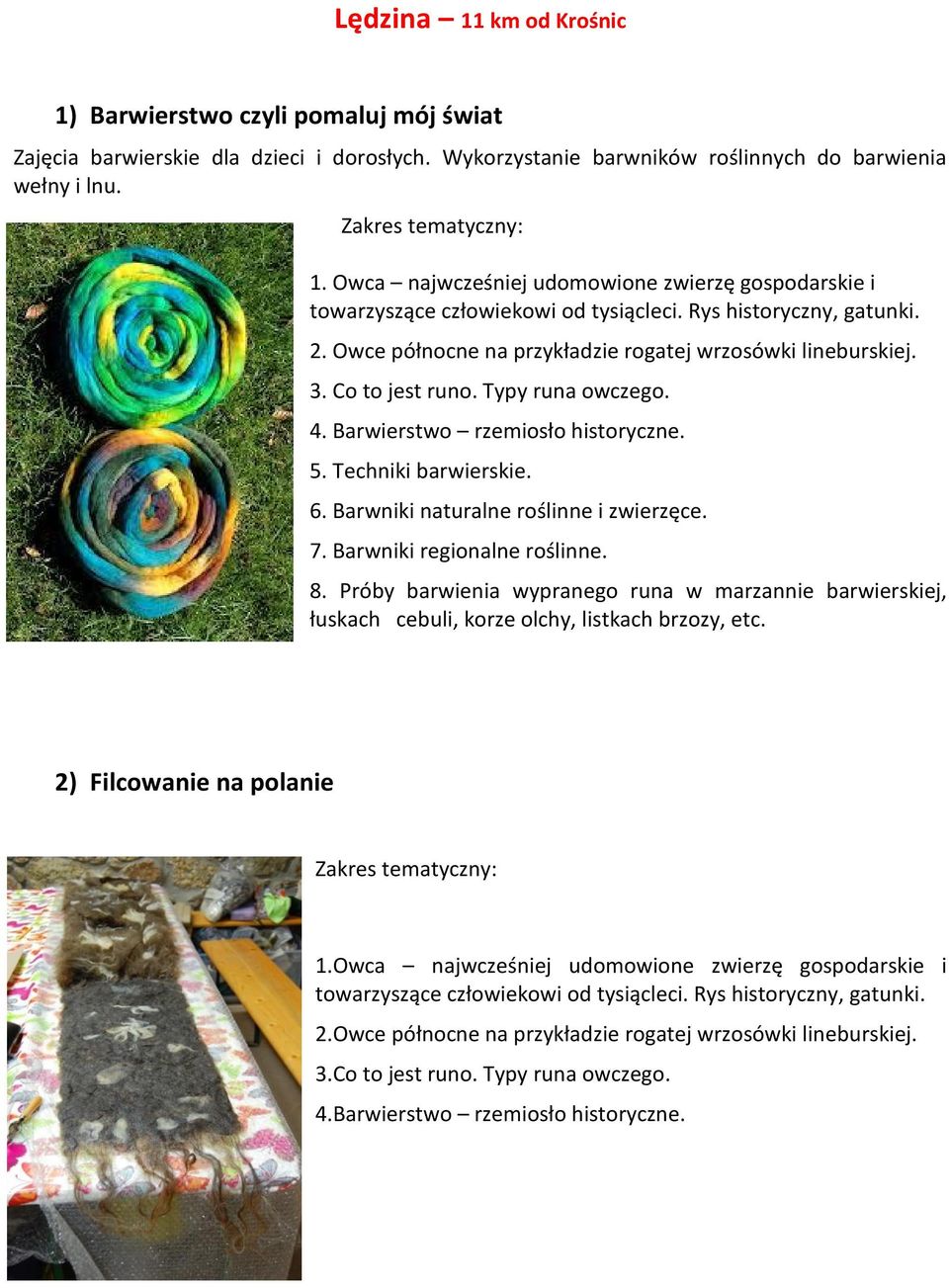 Barwniki naturalne roślinne i zwierzęce. 7. Barwniki regionalne roślinne. 8. Próby barwienia wypranego runa w marzannie barwierskiej, łuskach cebuli, korze olchy, listkach brzozy, etc.