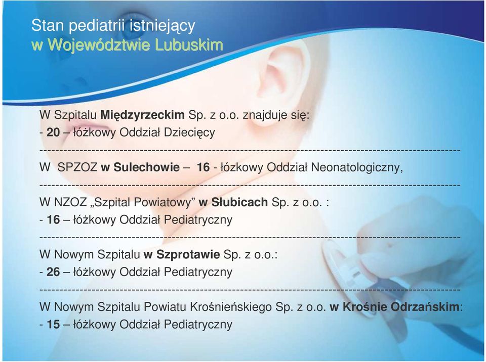 o. znajduje się: - 20 łóżkowy Oddział Dziecięcy --------------------------------------------------------------------------------------------------------- W SPZOZ w Sulechowie 16 - łózkowy Oddział