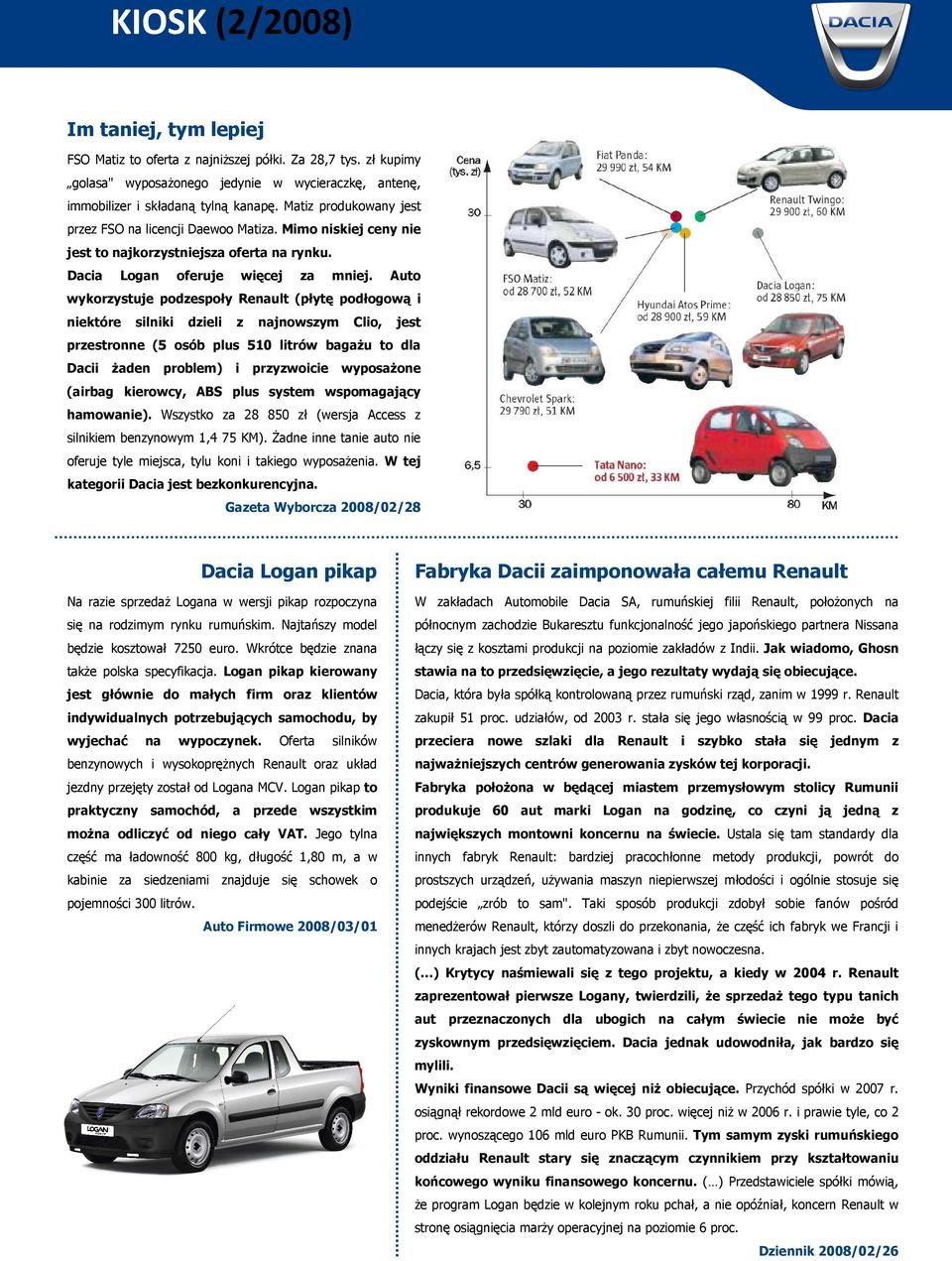 Auto wykorzystuje podzespoły Renault (płytę podłogową i niektóre silniki dzieli z najnowszym Clio, jest przestronne (5 osób plus 510 litrów bagaŝu to dla Dacii Ŝaden problem) i przyzwoicie wyposaŝone