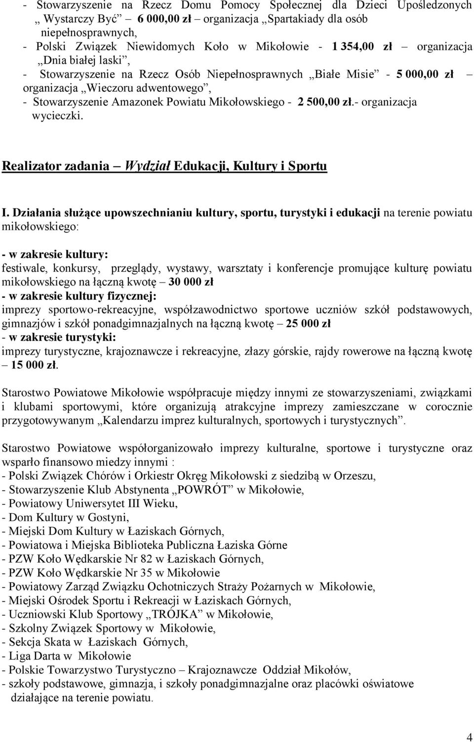 - 2 500,00 zł.- organizacja wycieczki. Realizator zadania Wydział Edukacji, Kultury i Sportu I.