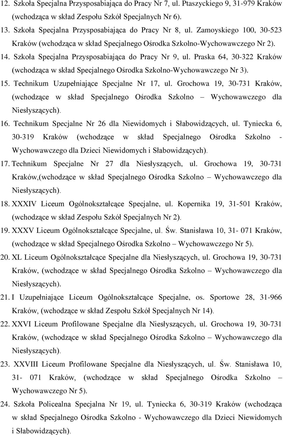 Praska 64, 30-322 Kraków (wchodząca w skład Specjalnego Ośrodka Szkolno-Wychowawczego Nr 3). 15. Technikum Uzupełniające Specjalne Nr 17, ul.