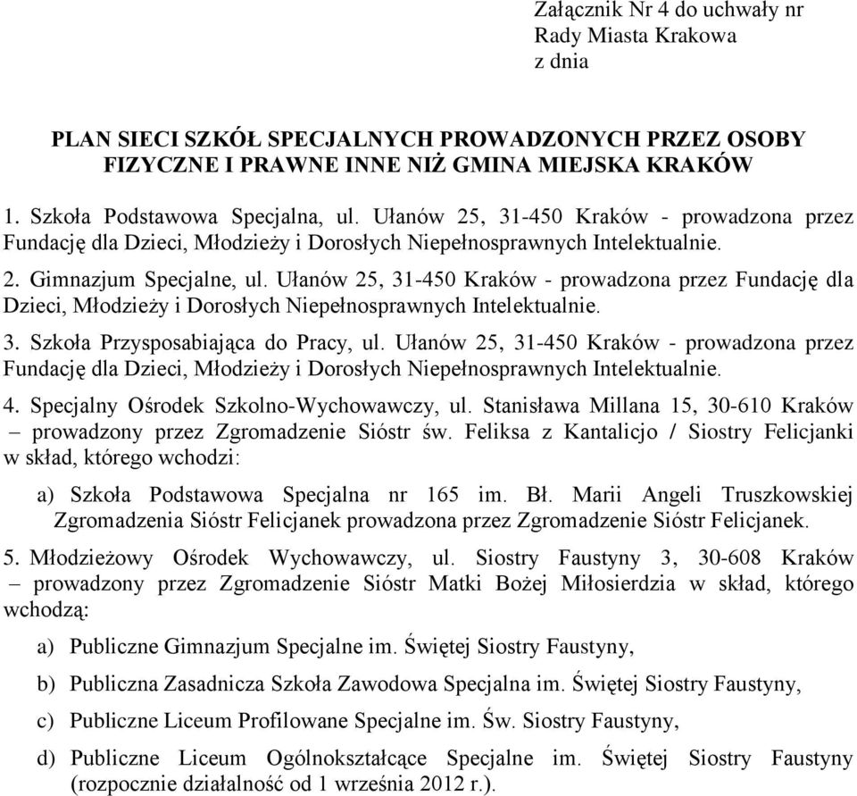 Ułanów 25, 31-450 Kraków - prowadzona przez Fundację dla Dzieci, Młodzieży i Dorosłych Niepełnosprawnych Intelektualnie. 3. Szkoła Przysposabiająca do Pracy, ul.