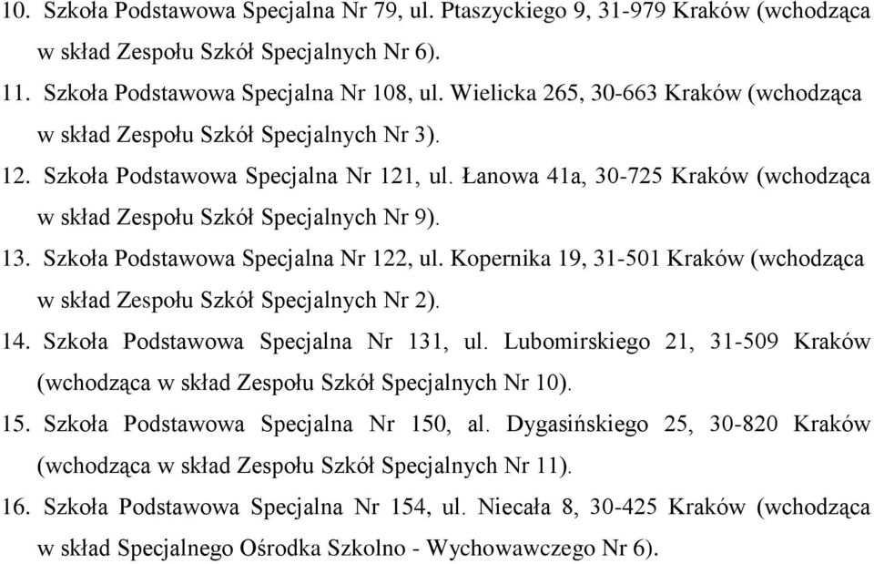 Łanowa 41a, 30-725 Kraków (wchodząca w skład Zespołu Szkół Specjalnych Nr 9). 13. Szkoła Podstawowa Specjalna Nr 122, ul.