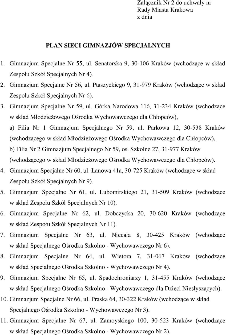 Górka Narodowa 116, 31-234 Kraków (wchodzące w skład Młodzieżowego Ośrodka Wychowawczego dla Chłopców), a) Filia Nr 1 Gimnazjum Specjalnego Nr 59, ul.