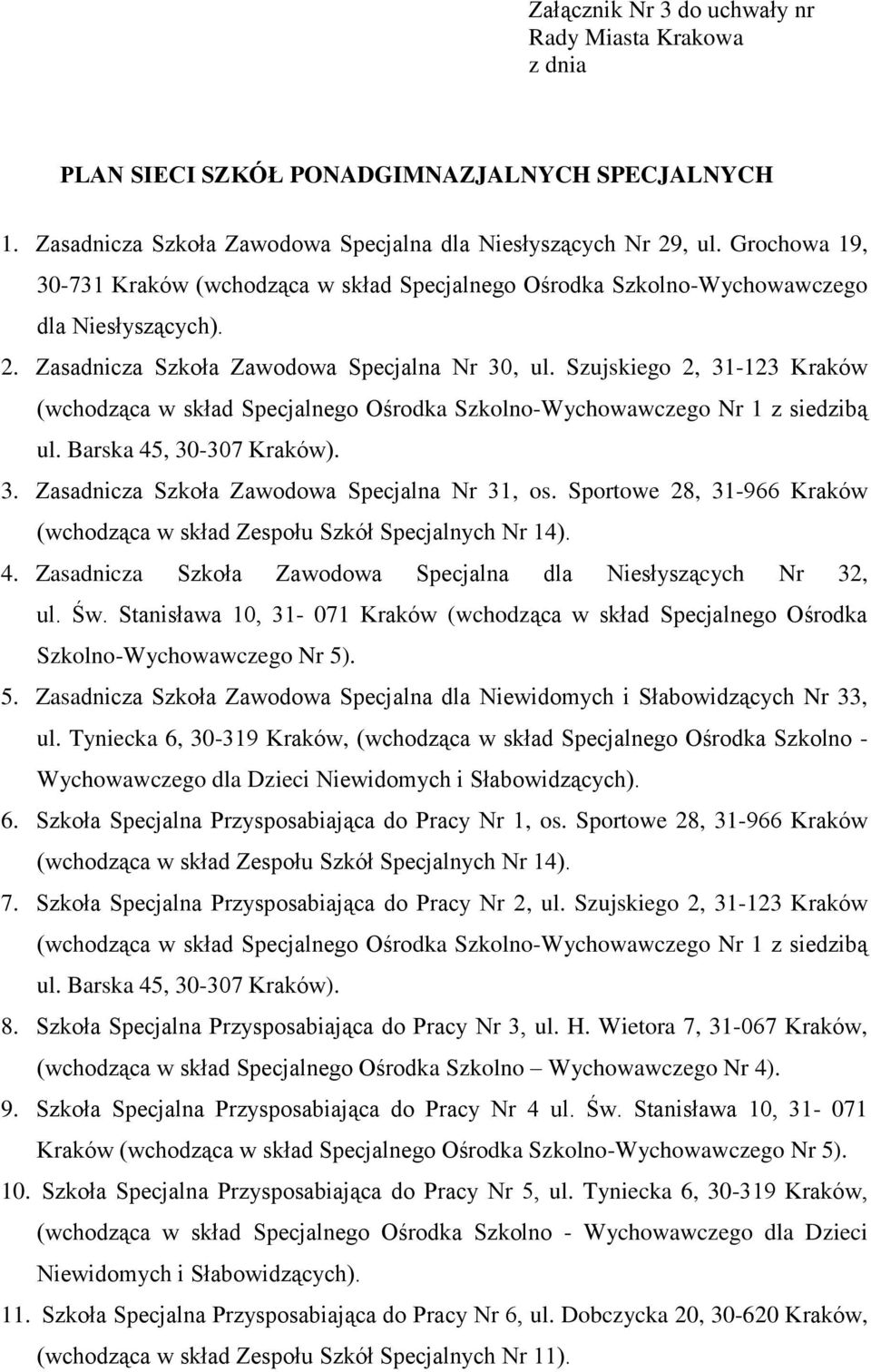 Szujskiego 2, 31-123 Kraków (wchodząca w skład Specjalnego Ośrodka Szkolno-Wychowawczego Nr 1 z siedzibą ul. Barska 45, 30-307 Kraków). 3. Zasadnicza Szkoła Zawodowa Specjalna Nr 31, os.