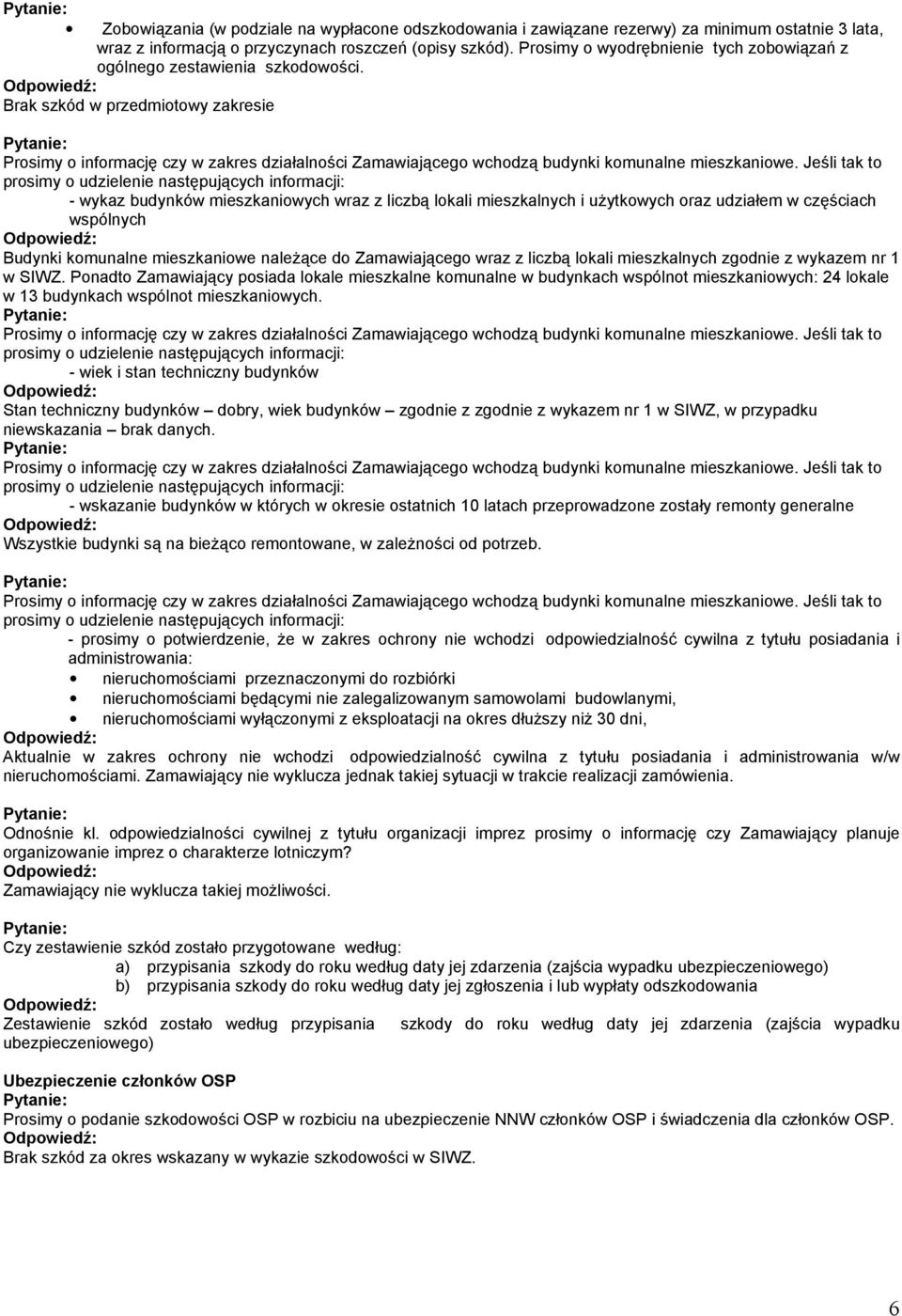 Brak szkód w przedmiotowy zakresie Prosimy o informację czy w zakres działalności Zamawiającego wchodzą budynki komunalne mieszkaniowe.