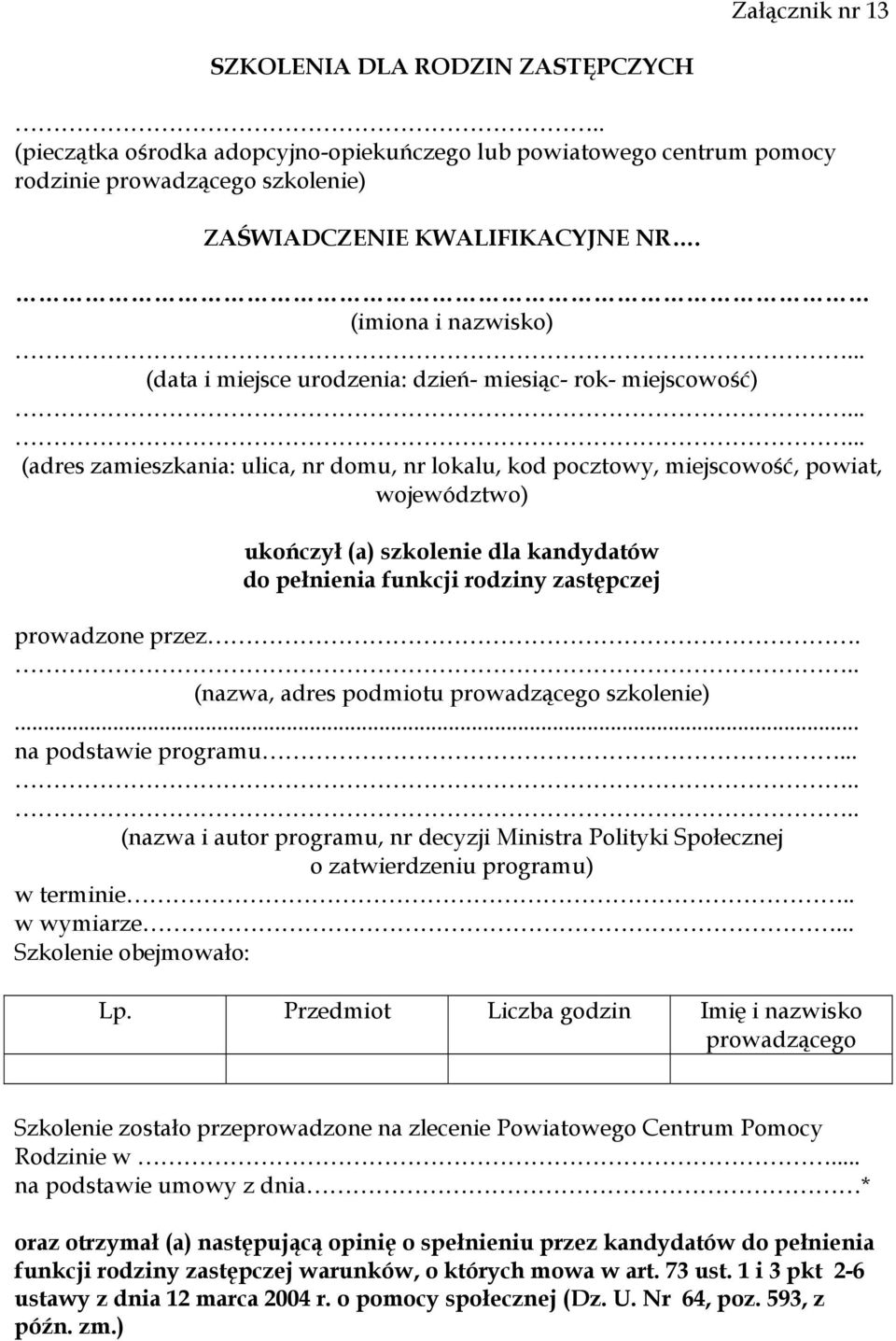 ..... (adres zamieszkania: ulica, nr domu, nr lokalu, kod pocztowy, miejscowość, powiat, województwo) ukończył (a) szkolenie dla kandydatów do pełnienia funkcji rodziny zastępczej prowadzone przez.