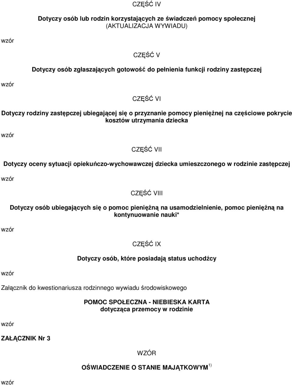 umieszczonego w rodzinie zastępczej CZĘŚĆ VIII Dotyczy osób ubiegających się o pomoc pienięŝną na usamodzielnienie, pomoc pienięŝną na kontynuowanie nauki* CZĘŚĆ IX Dotyczy osób, które