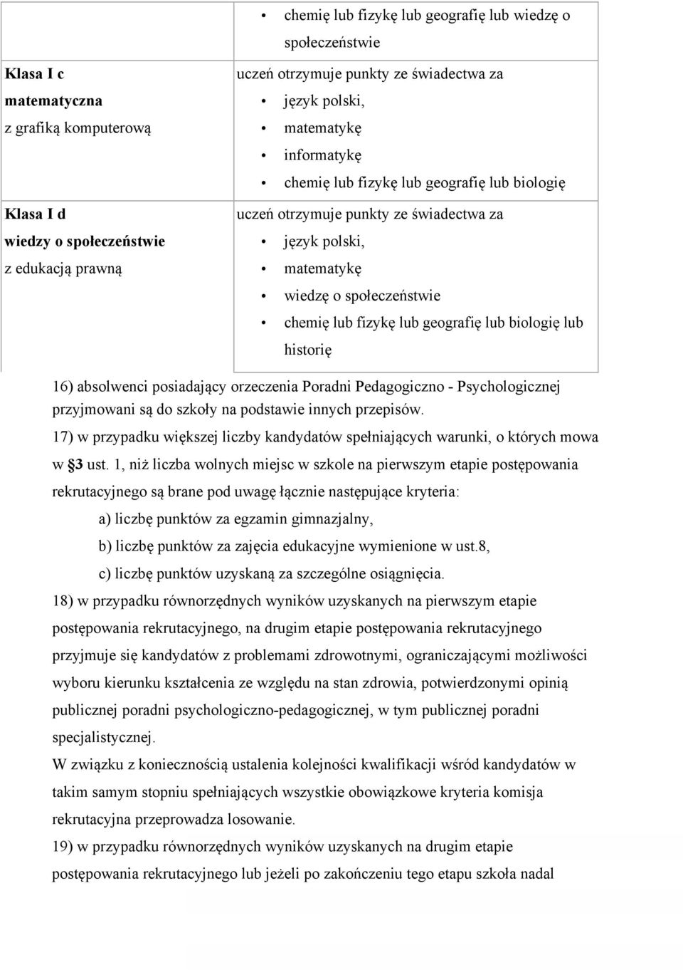 geografię lub biologię lub historię 16) absolwenci posiadający orzeczenia Poradni Pedagogiczno - Psychologicznej przyjmowani są do szkoły na podstawie innych przepisów.