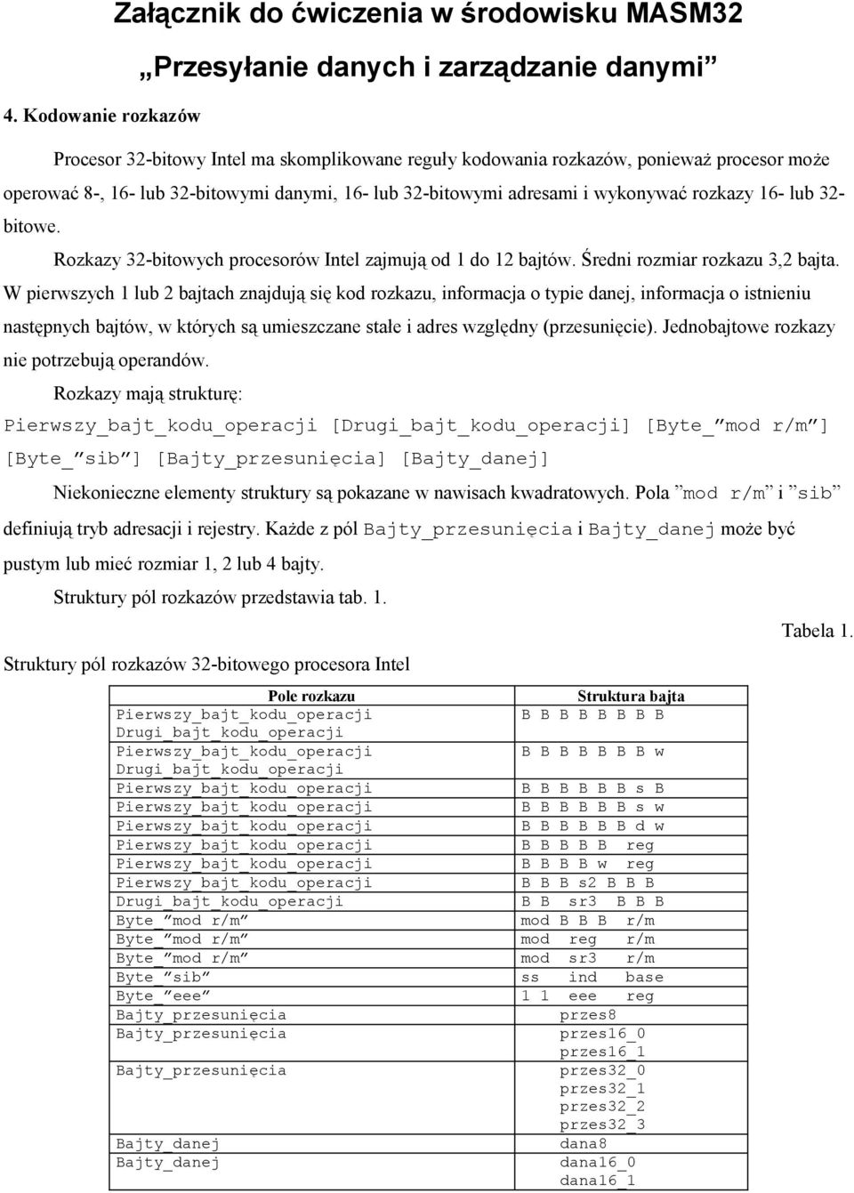 W pierwszych 1 lub 2 bajtach znajdują się kd rzkazu, infrmacja typie danej, infrmacja istnieniu następnych bajtów, w których są umieszczane stałe i adres względny (przesunięcie).