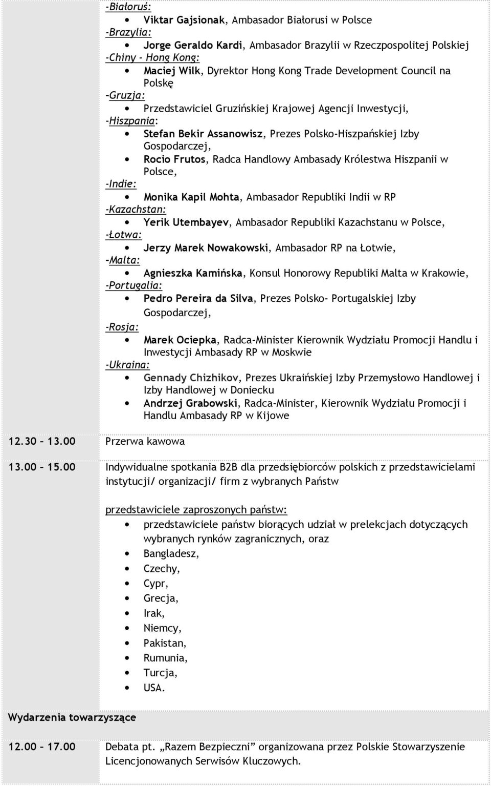 Hong Kong Trade Development Council na Polskę -Gruzja: Przedstawiciel Gruzińskiej Krajowej Agencji Inwestycji, -Hiszpania: Stefan Bekir Assanowisz, Prezes Polsko-Hiszpańskiej Izby Gospodarczej, Rocio