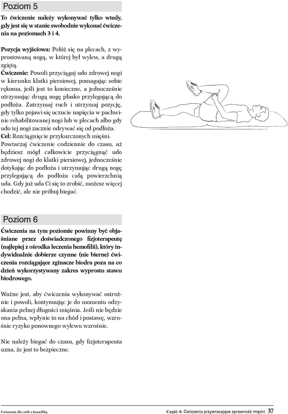 Ćwiczenie: Powoli przyciągaj udo zdrowej nogi w kierunku klatki piersiowej, pomagając sobie rękoma, jeśli jest to konieczne, a jednocześnie utrzymując drugą nogę płasko przylegającą do podłoża.