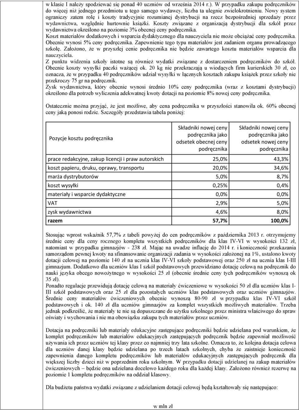 Koszty związane z organizacją dystrybucji dla szkół przez wydawnictwa określono na poziomie 3% obecnej ceny podręcznika.