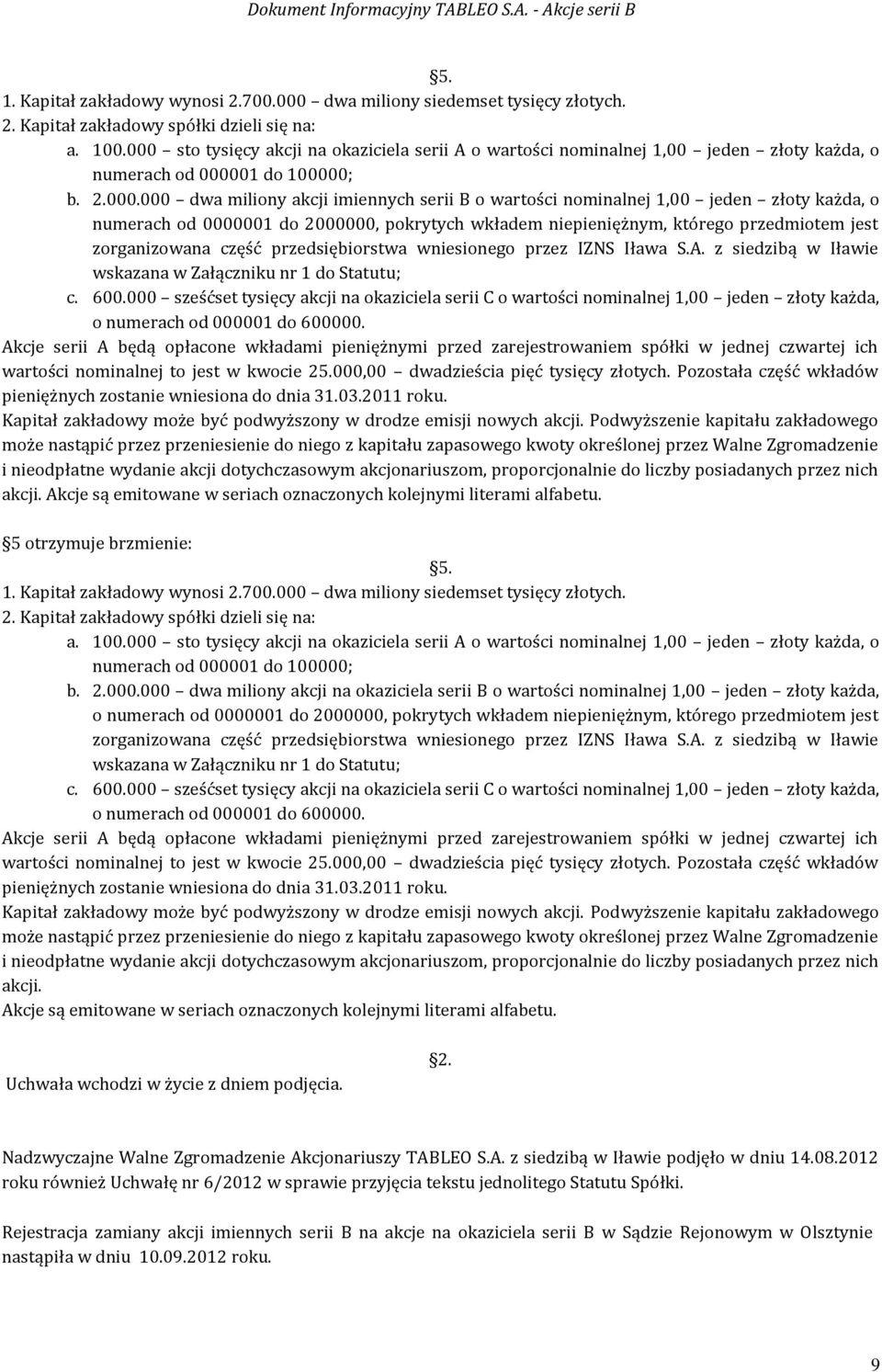 jeden złoty każda, o numerach od 0000001 do 2000000, pokrytych wkładem niepieniężnym, którego przedmiotem jest zorganizowana część przedsiębiorstwa wniesionego przez IZNS Iława S.A.