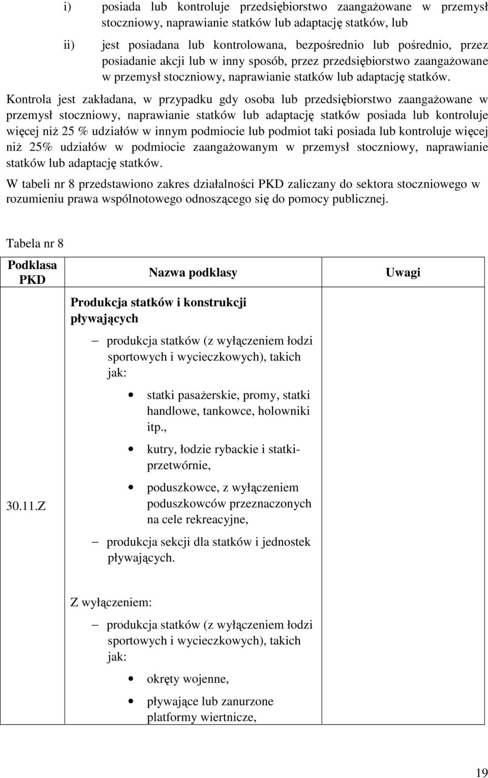 Kontrola jest zakładana, w przypadku gdy osoba lub przedsiębiorstwo zaangaŝowane w przemysł stoczniowy, naprawianie statków lub adaptację statków posiada lub kontroluje więcej niŝ 25 % udziałów w