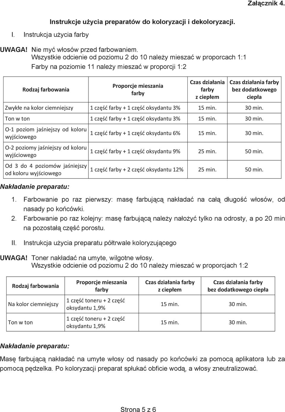 ania farby z ciep em Czas dzia ania farby bez dodatkowego ciep a Zwyk e na kolor ciemniejszy 1 cz farby + 1 cz oksydantu 3% 15 min. 30 min.