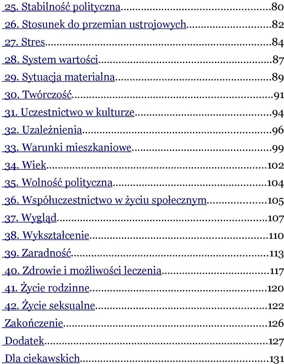 Wiek...102 35. Wolność polityczna...104 36. Współuczestnictwo w życiu społecznym...105 37. Wygląd...107 38. Wykształcenie...110 39.