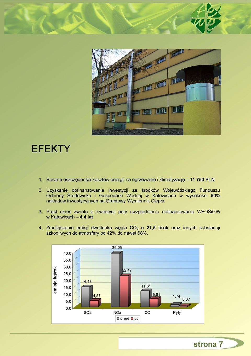 inwestycyjnych na Gruntowy Wymiennik Ciepła. 3. Prost okres zwrotu z inwestycji przy uwzględnieniu dofinansowania WFOŚiGW w Katowicach 4,4 lat 4.