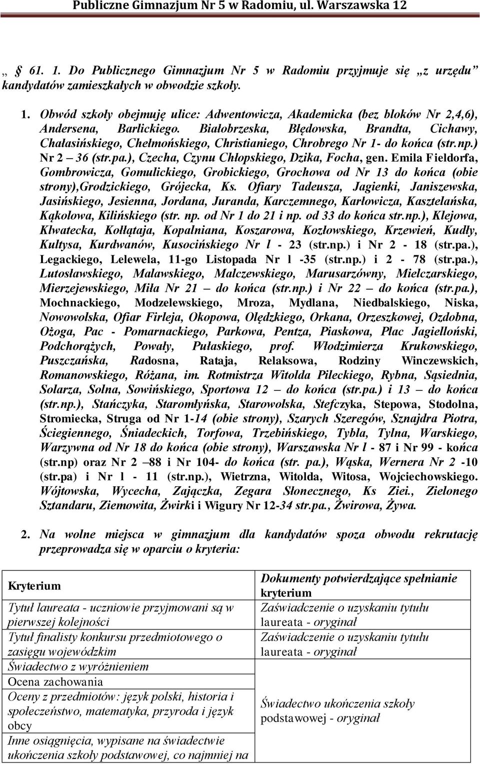Emila Fieldorfa, Gombrowicza, Gomulickiego, Grobickiego, Grochowa od Nr 13 do końca (obie strony),grodzickiego, Grójecka, Ks.