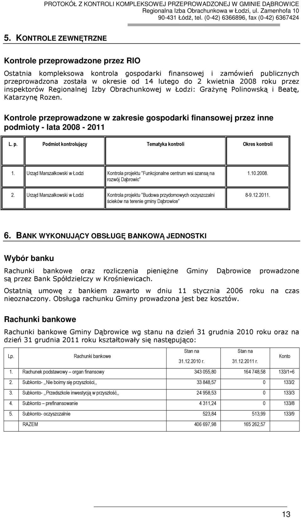 Kontrole przeprowadzone w zakresie gospodarki finansowej przez inne podmioty - lata 2008-2011 L. p. Podmiot kontrolujący Tematyka kontroli Okres kontroli 1.