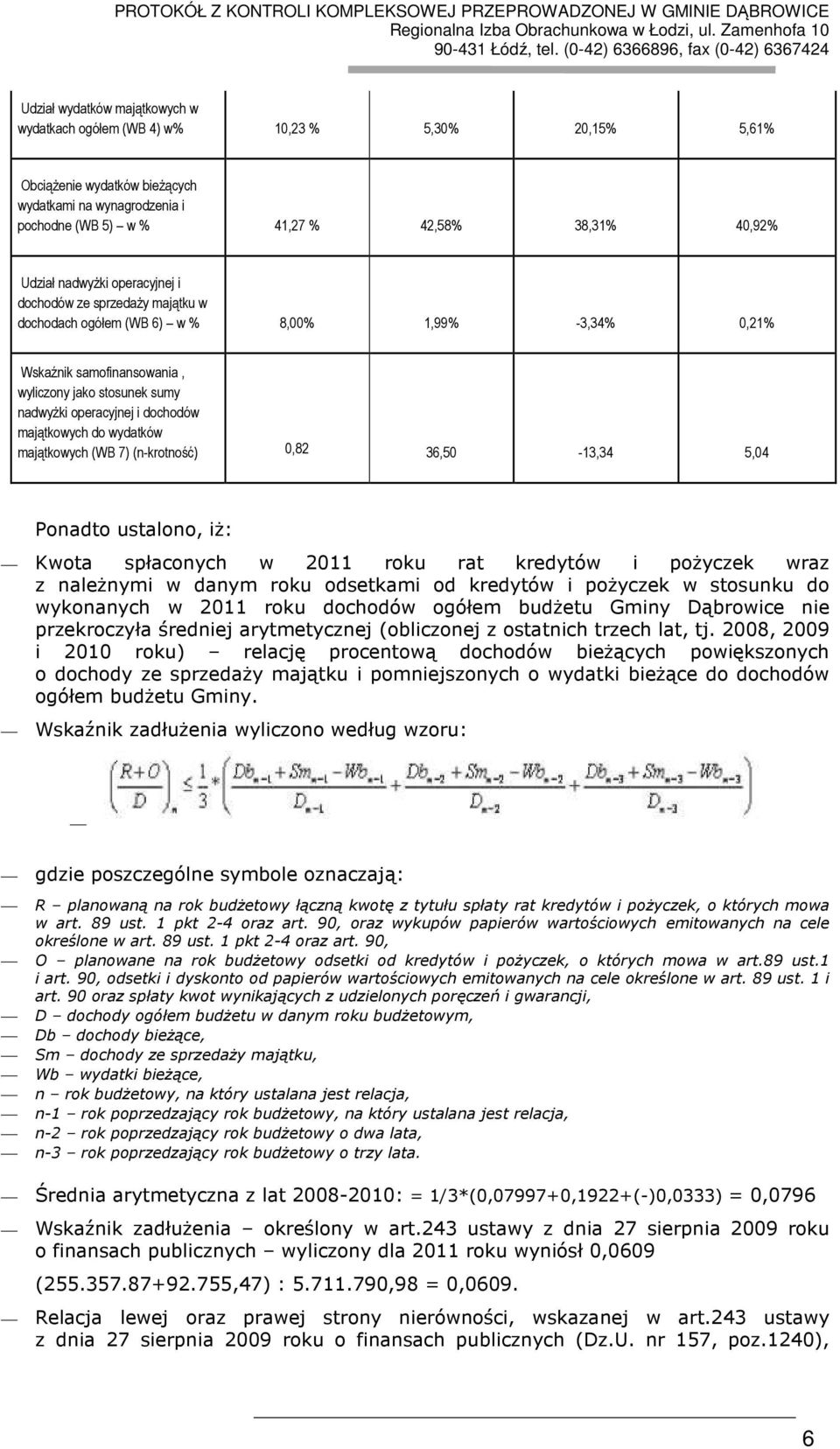 majątkowych do wydatków majątkowych (WB 7) (n-krotność) 0,82 36,50-13,34 5,04 Ponadto ustalono, iż: Kwota spłaconych w 2011 roku rat kredytów i pożyczek wraz z należnymi w danym roku odsetkami od