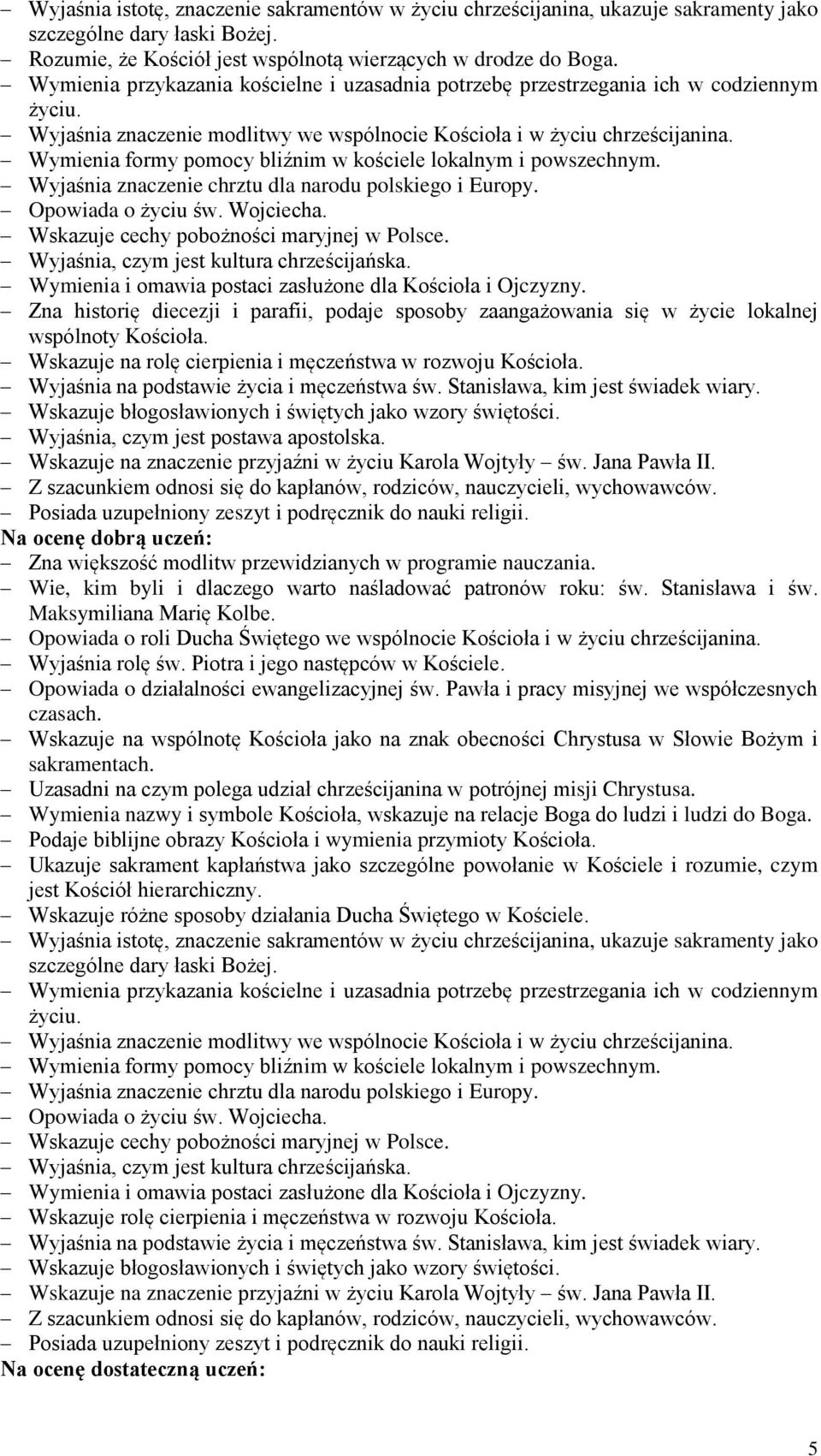 Zna historię diecezji i parafii, podaje sposoby zaangażowania się w życie lokalnej wspólnoty Kościoła. Wyjaśnia na podstawie życia i męczeństwa św. Stanisława, kim jest świadek wiary.