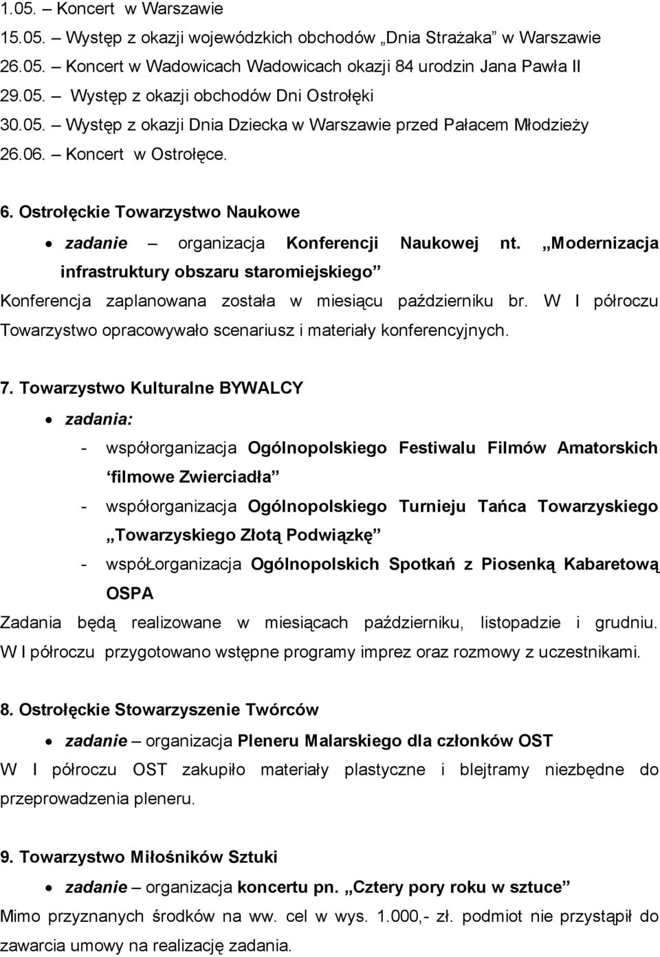 Modernizacja infrastruktury obszaru staromiejskiego Konferencja zaplanowana została w miesiącu październiku br. W I półroczu Towarzystwo opracowywało scenariusz i materiały konferencyjnych. 7.