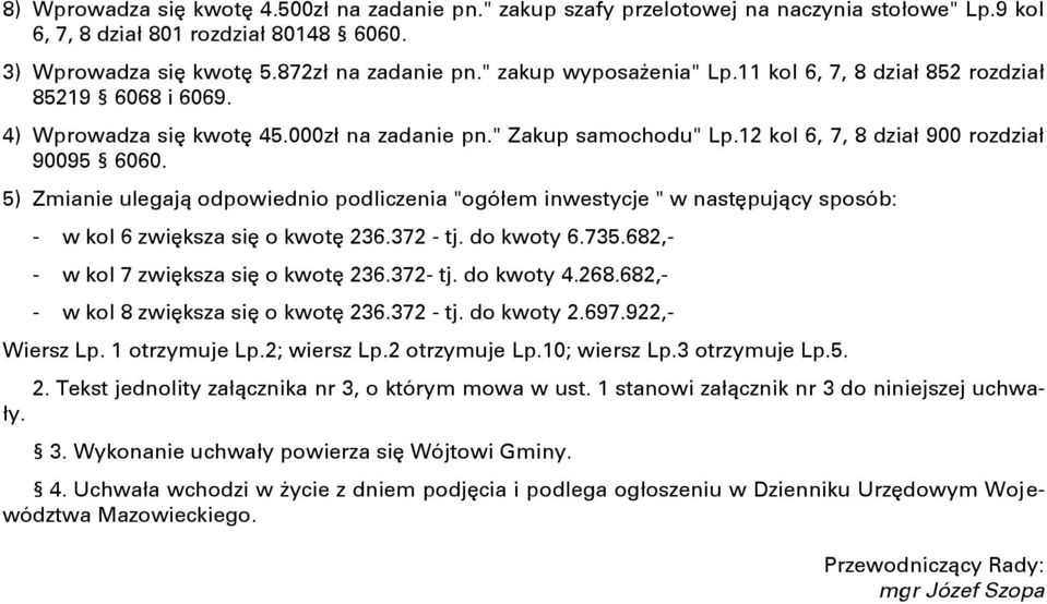 5) Zmianie ulegają odpowiednio podliczenia "ogółem inwestycje " w następujący sposób: - w kol 6 zwiększa się o kwotę 236.372 - tj. do kwoty 6.735.682,- - w kol 7 zwiększa się o kwotę 236.372- tj.