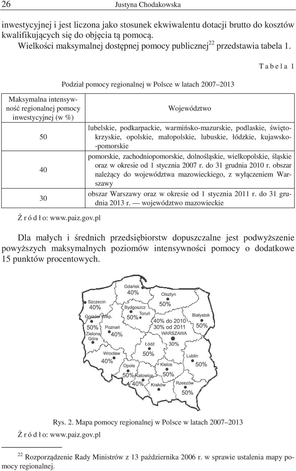 Podział pomocy regionalnej w Polsce w latach 2007 2013 T a b e l a 1 Maksymalna intensywno regionalnej pomocy inwestycyjnej (w %) 50 40 30 Województwo lubelskie, podkarpackie, warmi sko-mazurskie,