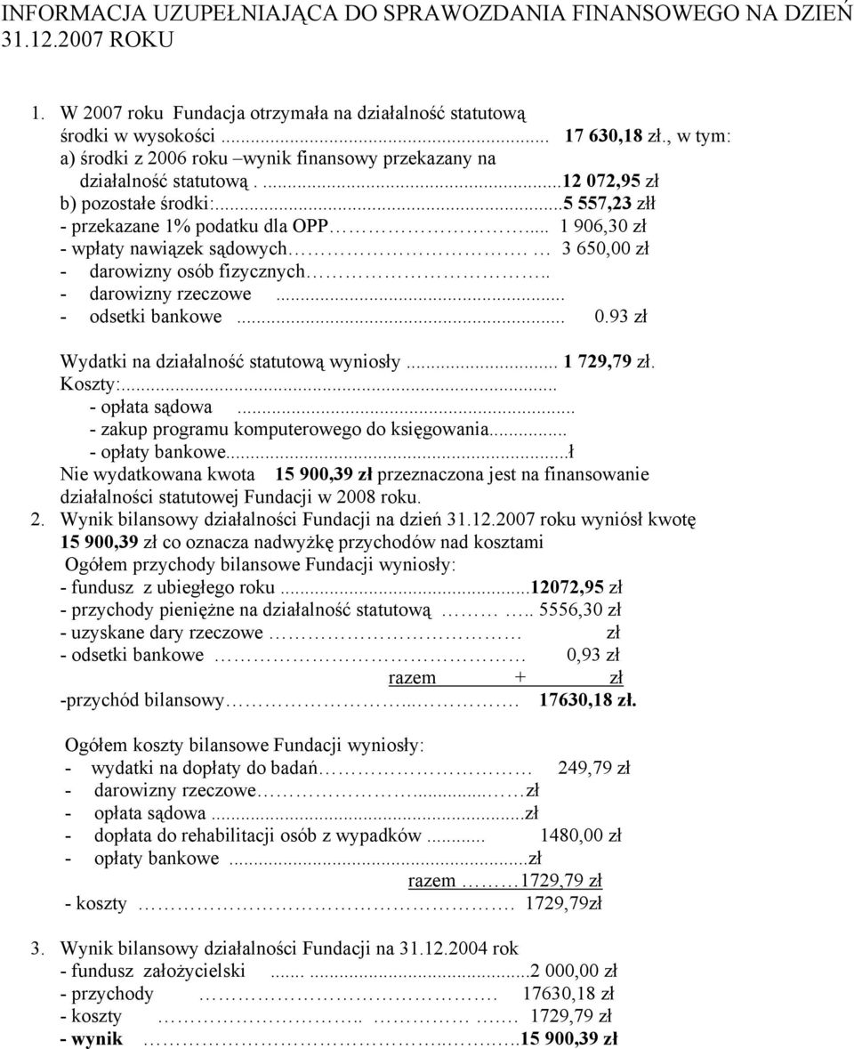 .. 1 906,30 zł - wpłaty nawiązek sądowych. 3 650,00 zł - darowizny osób fizycznych.. - darowizny rzeczowe... - odsetki bankowe... 0.93 zł Wydatki na działalność statutową wyniosły... 1 79,79 zł.