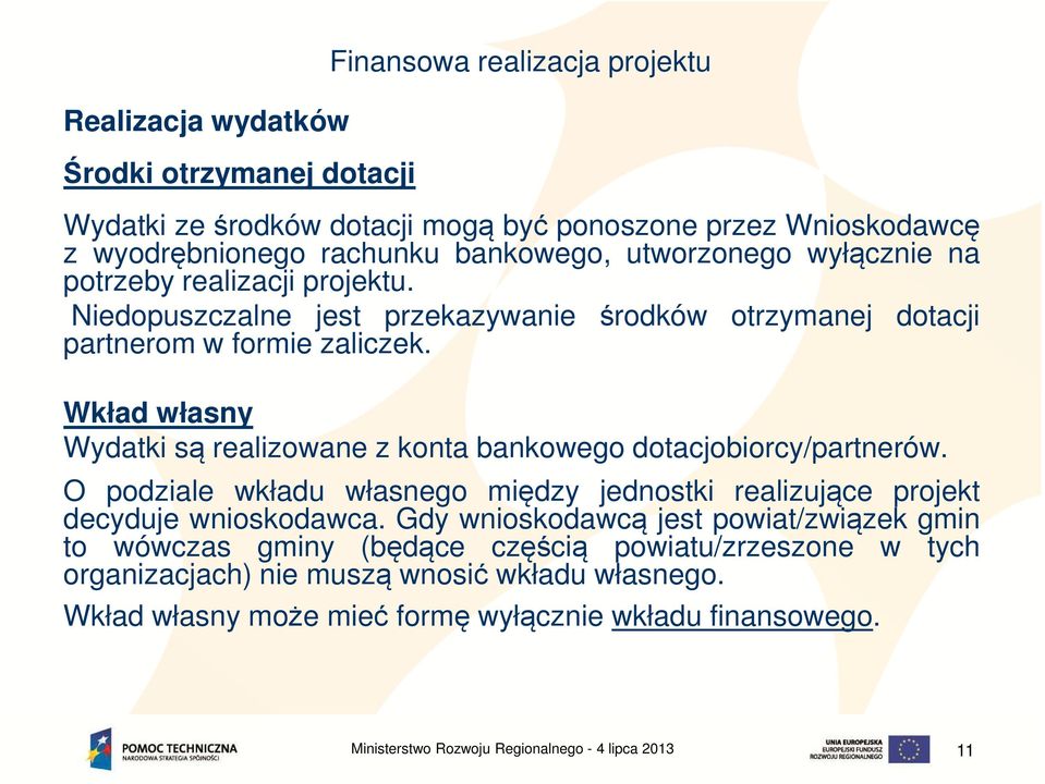 Wkład własny Wydatki są realizowane z konta bankowego dotacjobiorcy/partnerów. O podziale wkładu własnego między jednostki realizujące projekt decyduje wnioskodawca.