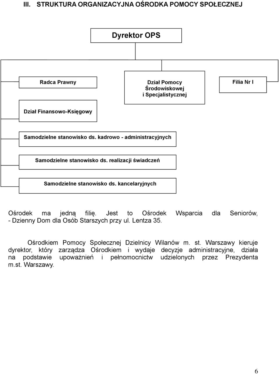 kancelaryjnych Ośrodek ma jedną filię. Jest to Ośrodek Wsparcia dla Seniorów, - Dzienny Dom dla Osób Starszych przy ul. Lentza 35.