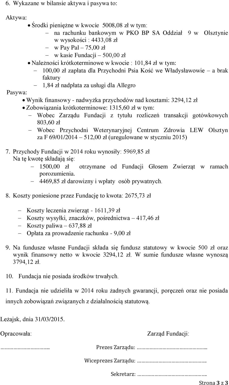 Pasywa: Wynik finansowy - nadwyżka przychodów nad kosztami: 394,1 zł Zobowiązania krótkoterminowe: 1315,60 zł w tym: Wobec Zarządu Fundacji z tytułu rozliczeń transakcji gotówkowych 803,60 zł Wobec