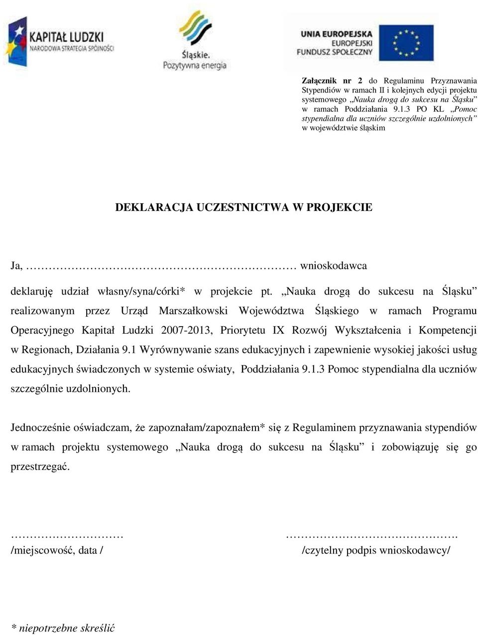 Nauka drogą do sukcesu na Śląsku realizowanym przez Urząd Marszałkowski Województwa Śląskiego w ramach Programu Operacyjnego Kapitał Ludzki 2007-2013, Priorytetu IX Rozwój Wykształcenia i Kompetencji